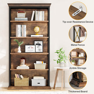 6 Tier Industrial Brown & Bookshelf With X Pattern Design - Rustic Brown