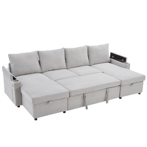 U Shaped Sectional Sofa Bed With Storage Chaise Lounges, USB Ports, And Cup Holders