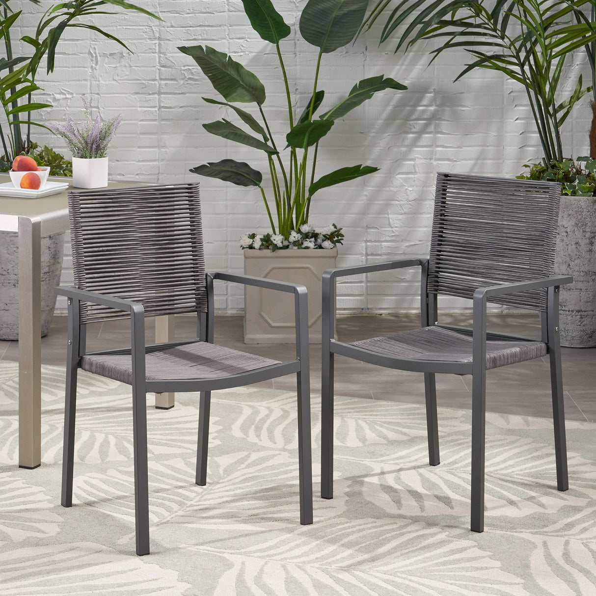 Outdoor Modern Aluminum Dining Chair with Rope Seat (Set of 2)