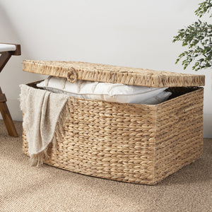 Rectangular Curve Water Hyacinth Woven Wicker Trunk with Handles