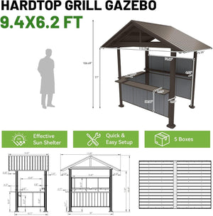 9.4X6.2 FT Hardtop Grill Gazebo, Gable Outdoor Grill Gazebo with Storage Shelves & Resin Shade System, Galvanized Steel Metal Hard top Gazebo for Patio Backyard Garden -Brown