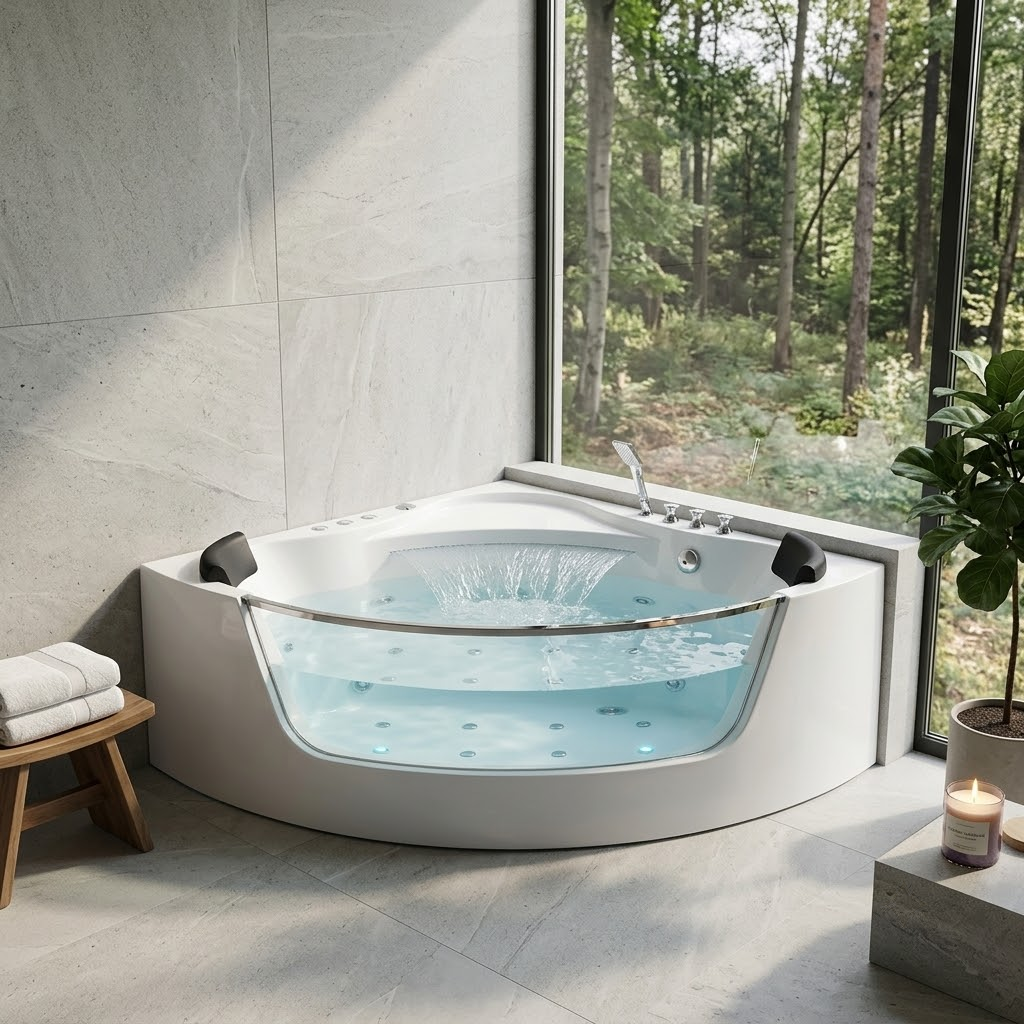 59" Corner Whirlpool Bathtub for 2-Person