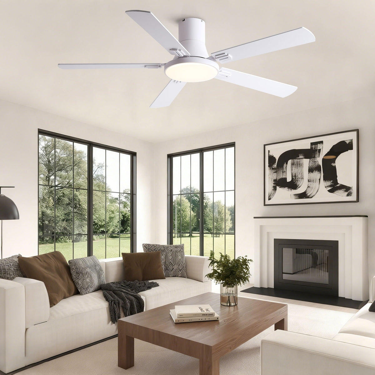 Flush Mount Ceiling Fans With LED Light And Remote Control, 5 Blades