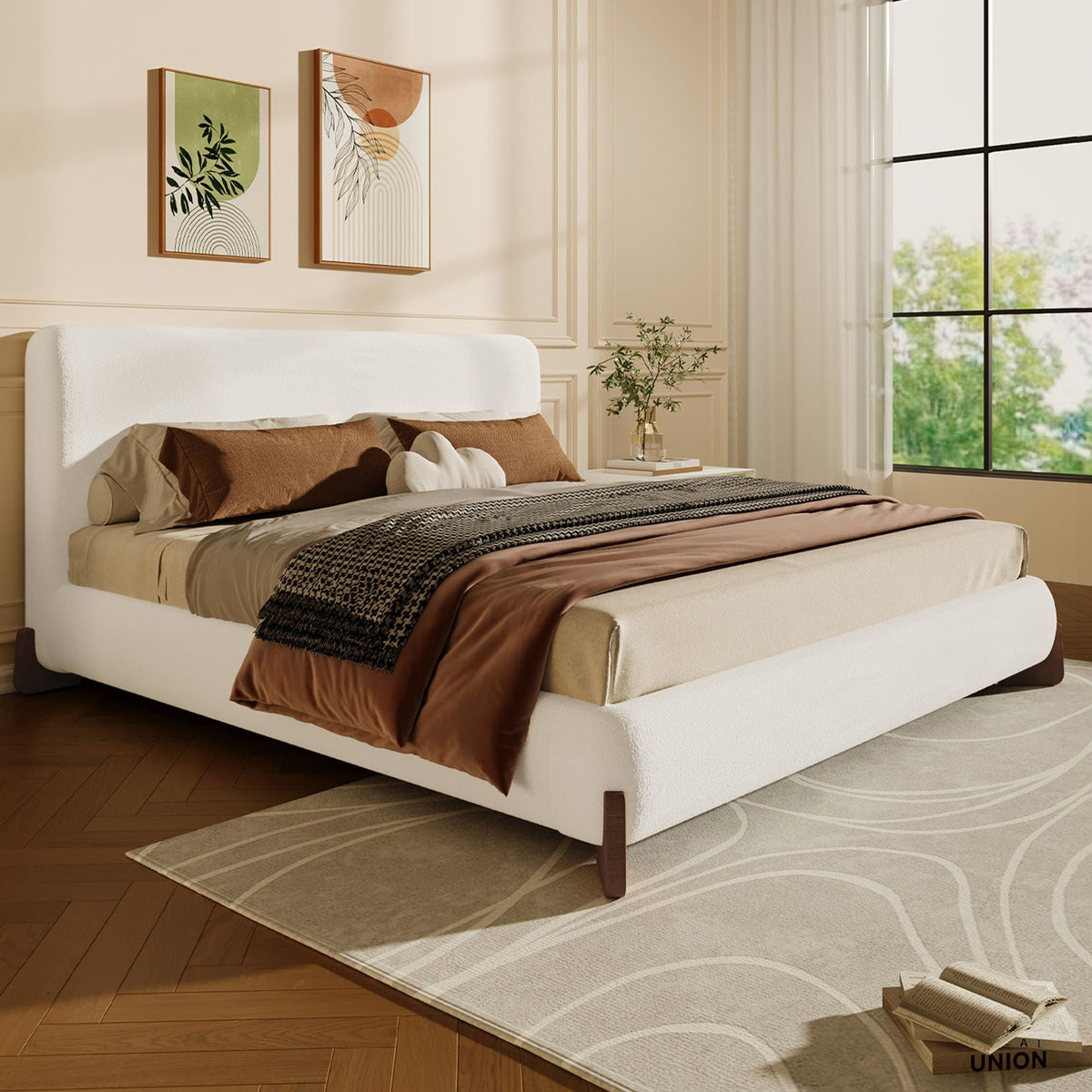 Elegant Boucle Upholstered Bed With Solid Wood Legs