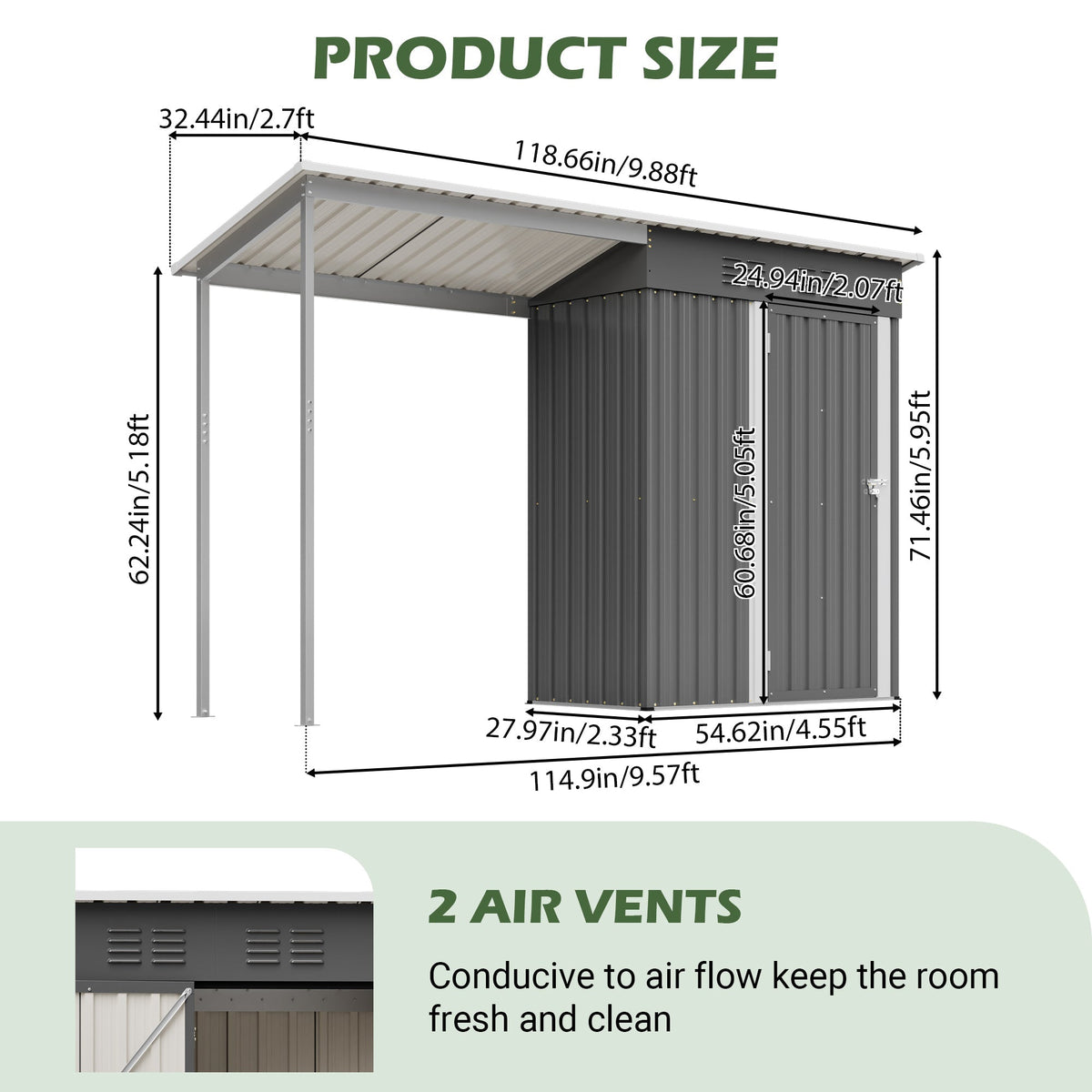 Durable 5x3FT Galvanized Steel Shed & Gazebo Combo