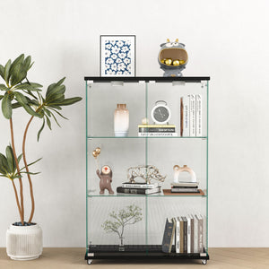 Modern Display Cabinet With LED Lights, Transparent Tempered Glass 2 Door Storage Case With 3 Shelves