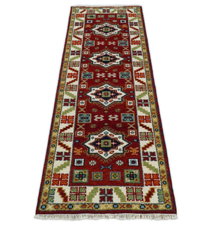 2.6x8 Hand Knotted Traditional Kazak Red And Ivory Wool Rug
