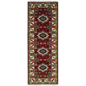 2.6x8 Hand Knotted Traditional Kazak Red And Ivory Wool Rug