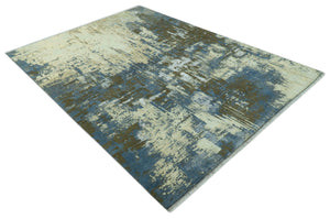 Modern Abstract Design Beige And Blue 9x12 Hand Knotted Wool Area Rug