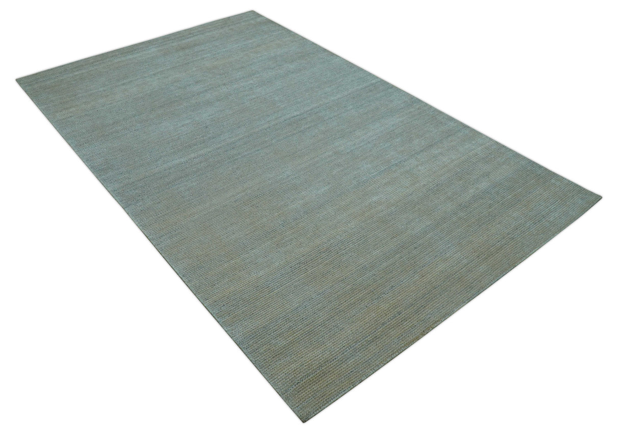 Modern Solid Design Green And Blue 5x8 Hand Knotted Wool Area Rug