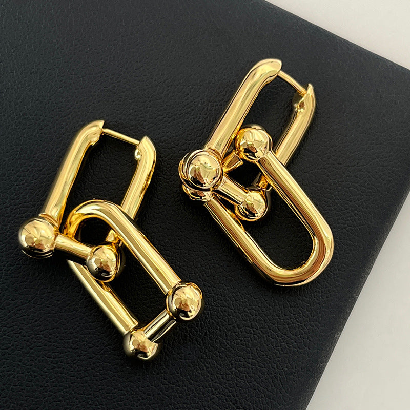 U-Shape Ball Chain Chunky Gold Plated Earring with Gift Pouch