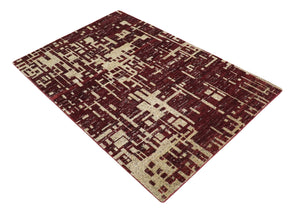 4x6 Hand Knotted Beige and Maroon Modern Abstract  Recycled Silk Area Rug