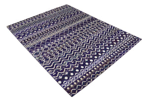 Hand Knotted Blue and White Modern Contemporary Southwestern Tribal Trellis Recycled Silk Area Rug | OP6