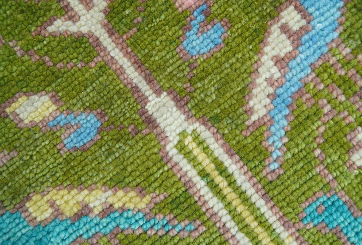 Custom Made Hand Knotted Jungle Life Peacock Green Runner Wool Rug