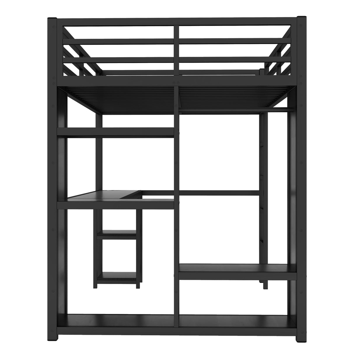 Full Size Loft Bed Frame with Built-in Wardrobe, Metal Loft Bed with Desk and Storage Shelves