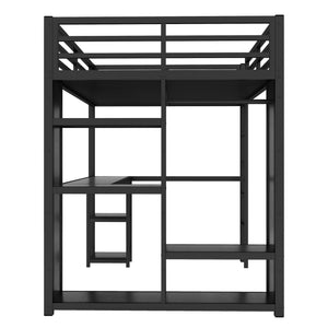 Full Size Loft Bed Frame with Built-in Wardrobe, Metal Loft Bed with Desk and Storage Shelves