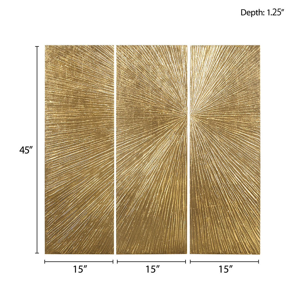 Signature Sunburst Hand-Painted Wall Art Triptych with Gold Foil – Gold