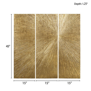 Signature Sunburst Hand-Painted Wall Art Triptych with Gold Foil – Gold