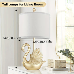 Two-piece Set of Golden Brass Swan Table Lamps with LED Bulbs