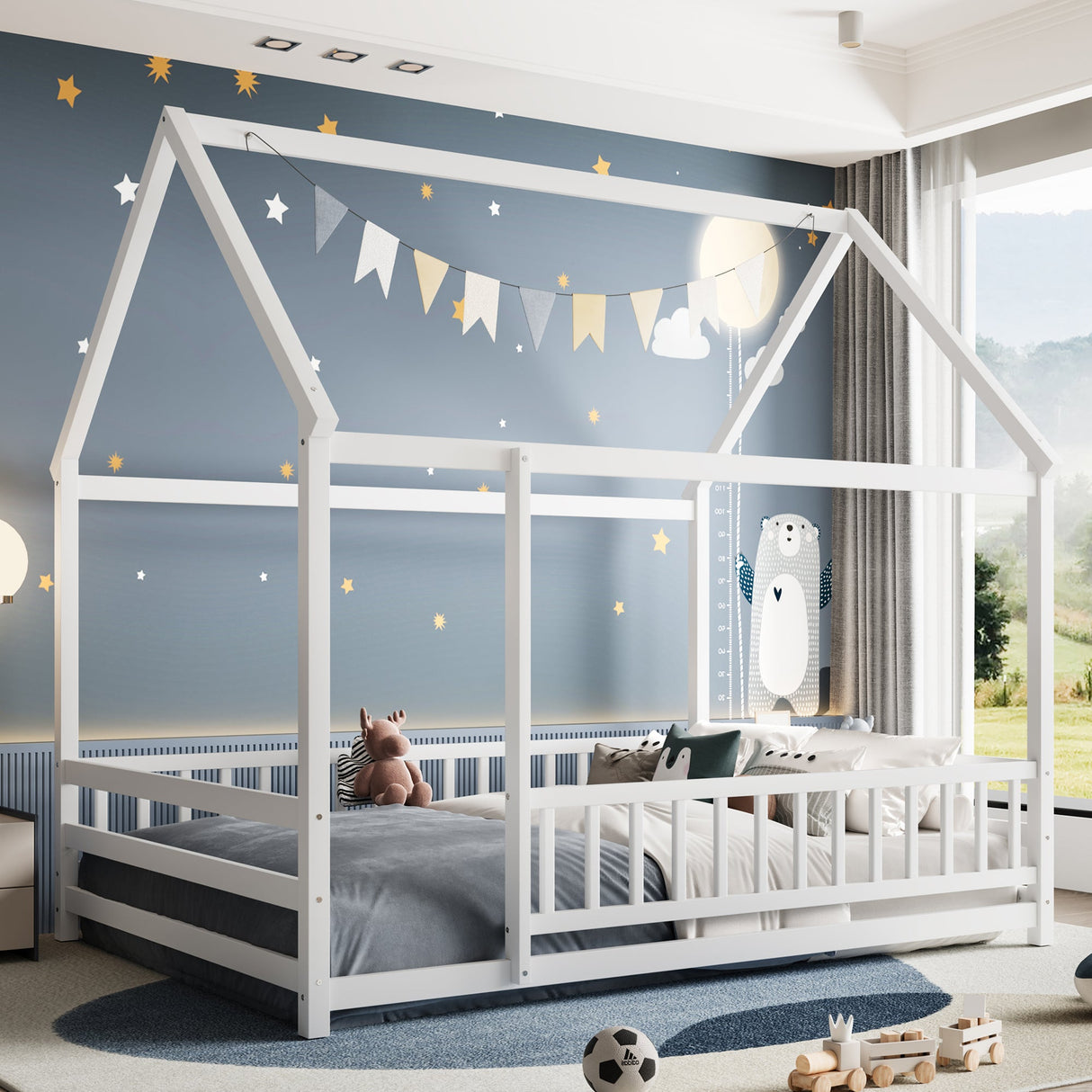 Full Size Floor Wooden Bed with House Roof Frame