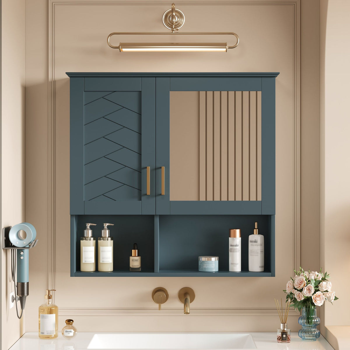 2 In 1 Wall-Mounted Mirror Cabinet with Adjustable Shelves - White, Blue, Black