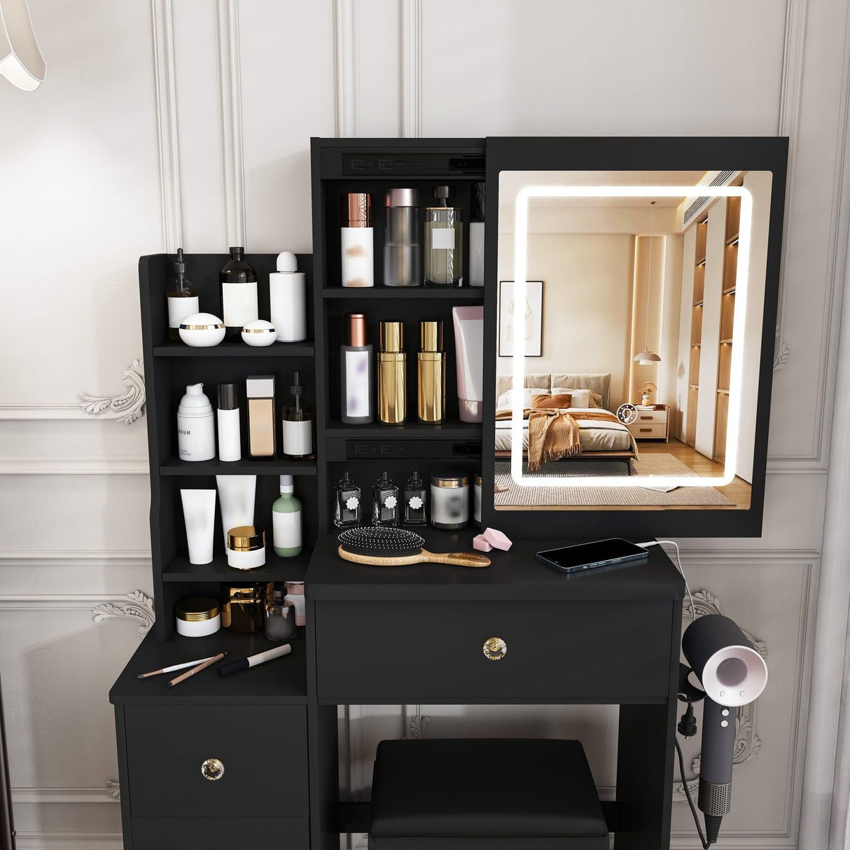 Vanity Desk With 3 LED Lighting Modes, 4 Drawers, Open Shelves, Hair Dryer Holder & Power Socket Dressing Table Set With Chair - Black