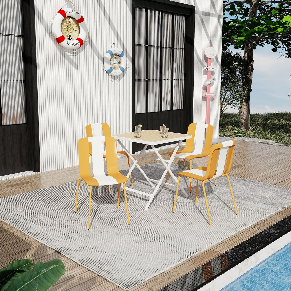 Modern Striped 4 Piece Outdoor Set with Folding Square Table - Orange or Green