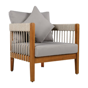 Acacia Wood Outdoor Club Chair with Handwoven Rope Accents & Curved Backrest