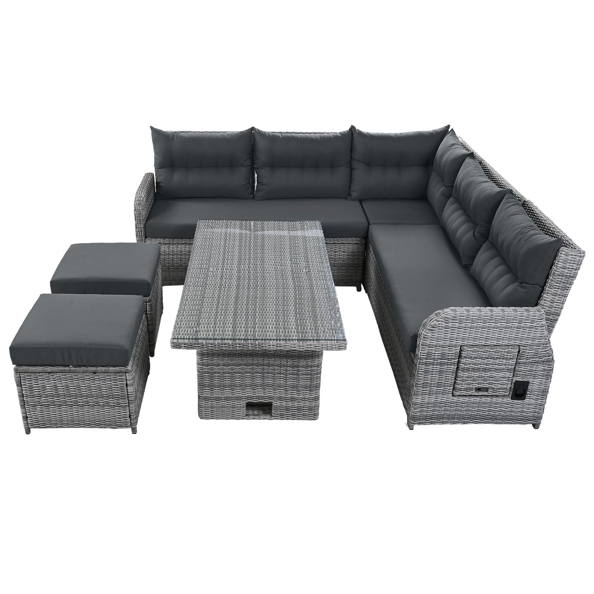 Outdoor Furniture Set Patio Rattan Furniture with Adjustable Table, Recliners, Side Tables, Ottomans