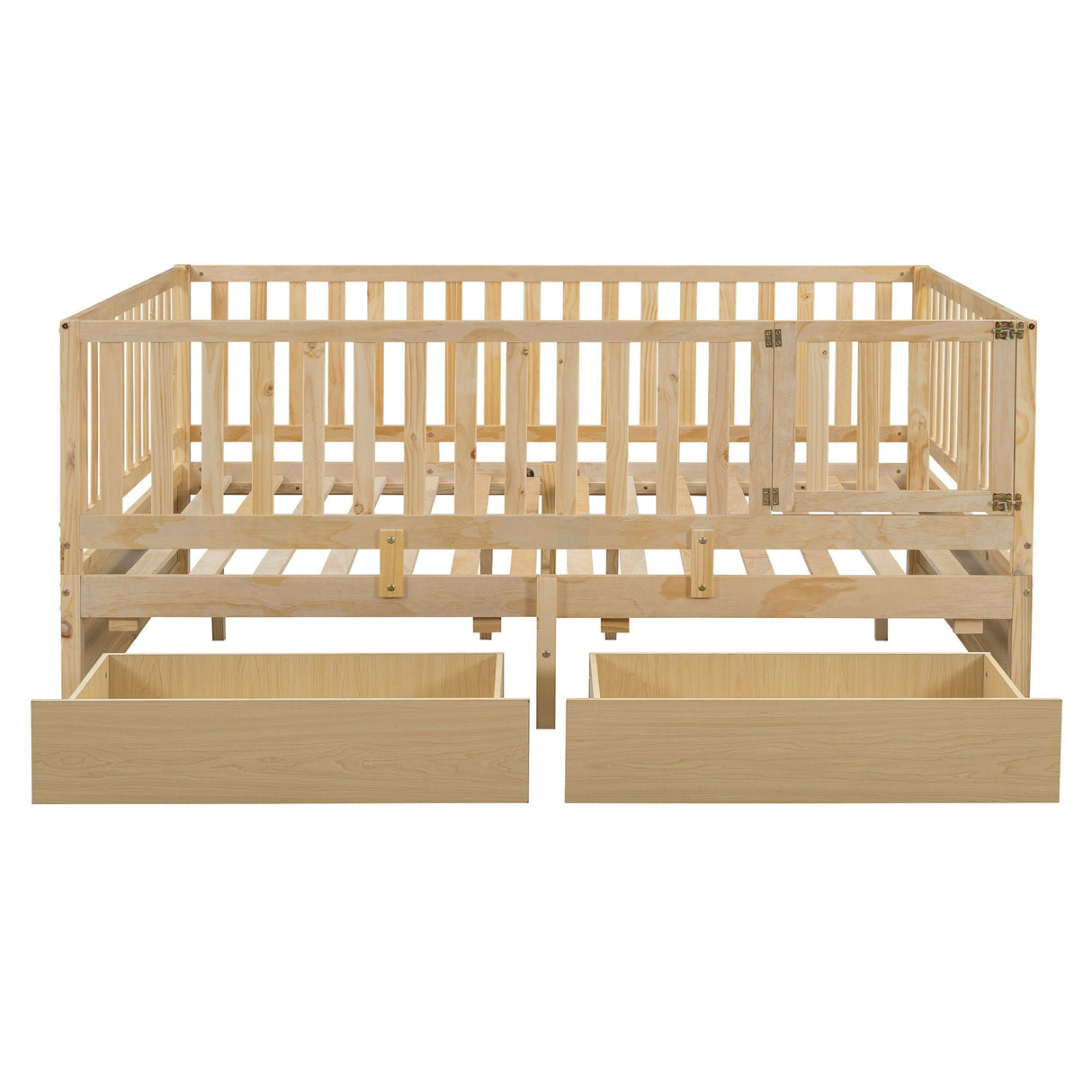 Daybed With Fence Guardrails And 2 Drawers, Split Into Independent Floor Bed & Daybed