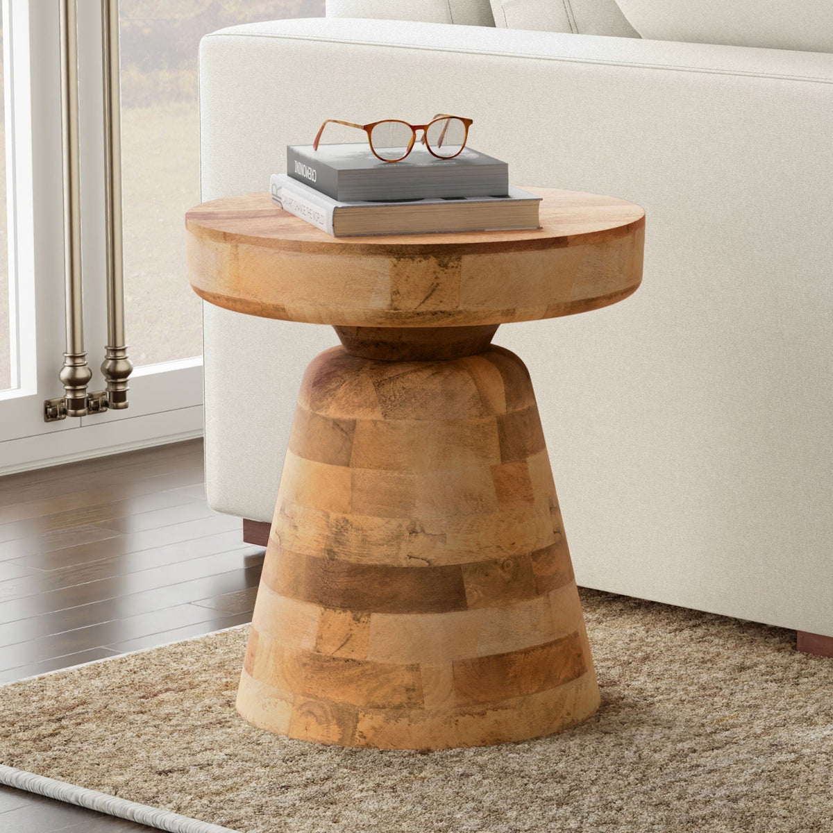 Handcrafted Mango Wood Accent Table with Sculptural Design - Multiple Colors
