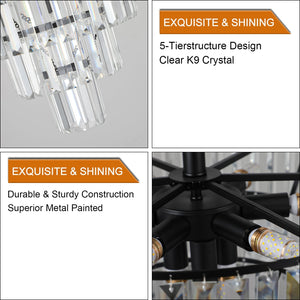 20' Black Crystal Chandelier Ceiling Light, Modern Luxury 10-Light Flush Mount