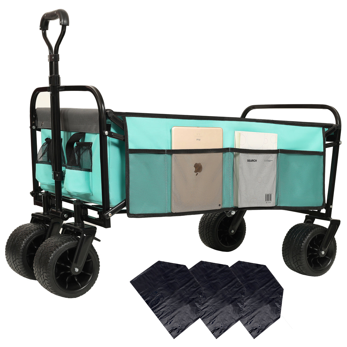 440lbs collapsible foldable wagon cart with strapping system ,beach wagon utility cart utility wagon grocery cart for  camping shopping sports gardening fishing supports  3pcs plastic liner bag blue