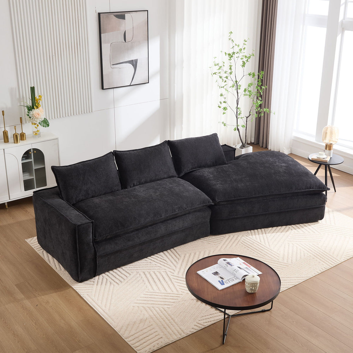 Modern Minimalist Modular Sectional Sofa With Deep Seats And Right Facing Chaise