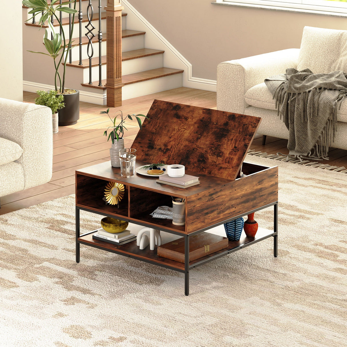 Flip-Top Coffee Table With Storage Lift-Top Design With Hidden Compartment - Black