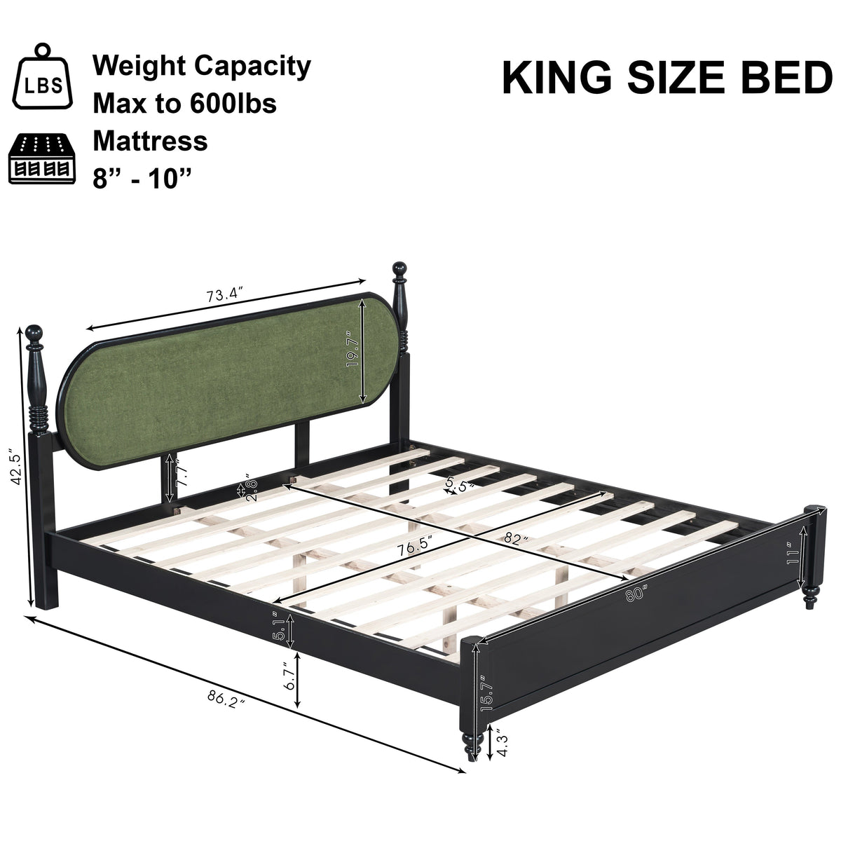 King Bed Frame Solid Wood Platform with Slats - Modern