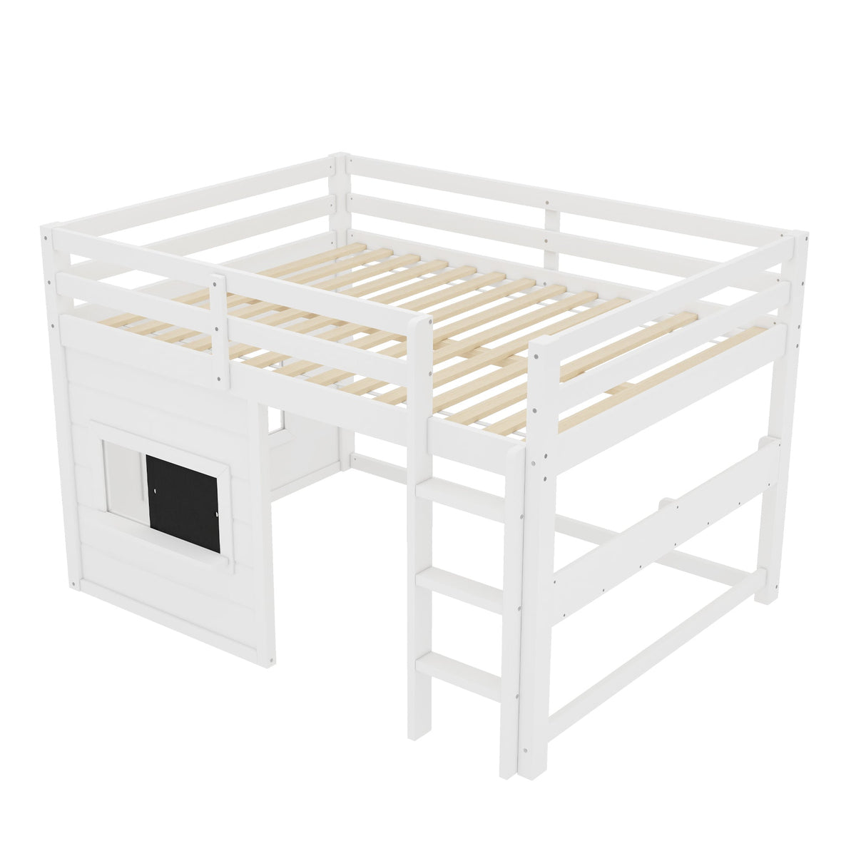 Full Size Loft Bed With Sliding Chalkboard & Bookshelf