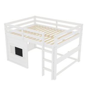 Full Size Loft Bed With Sliding Chalkboard & Bookshelf