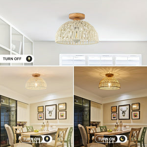 Boho Rattan Ceiling Light Flush Mount Handwoven Pendant Lamp for Bedroom