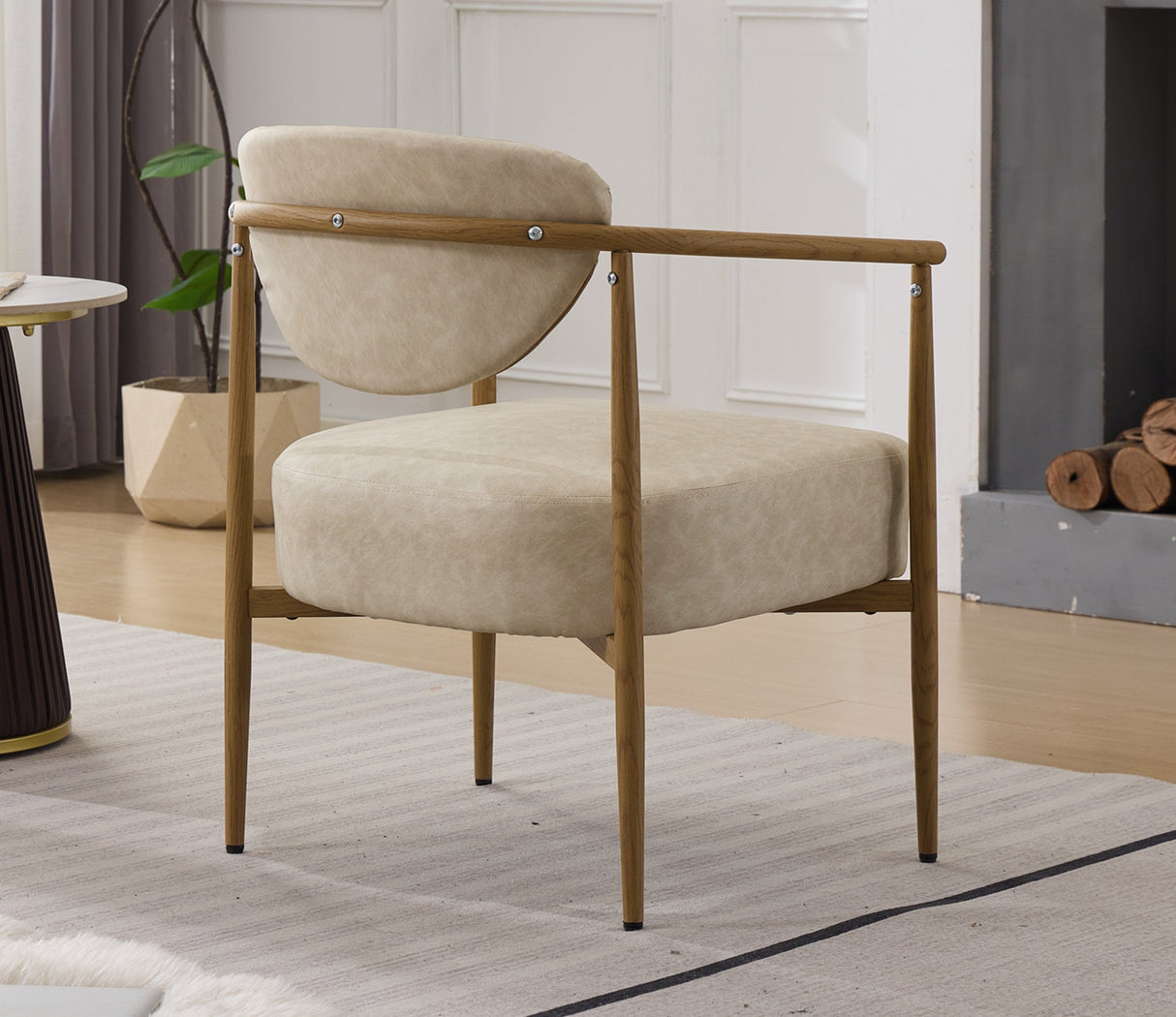 Beige PU Leather Dining Room Chair with Metal Frame