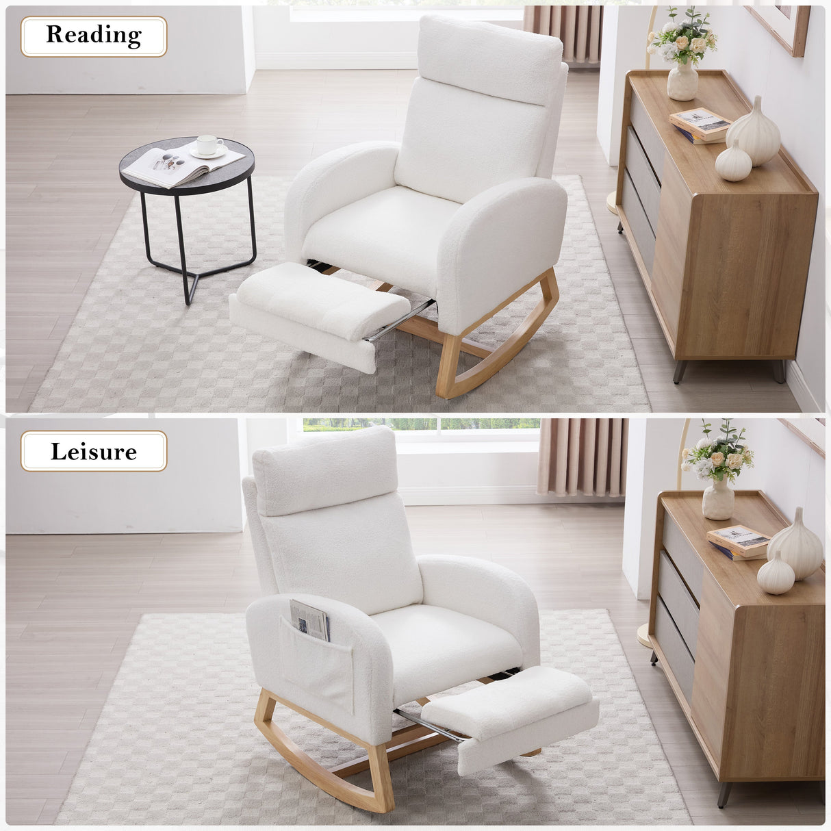 Teddy Fabric Leisure Rocking Chair with Adjustable Footstool