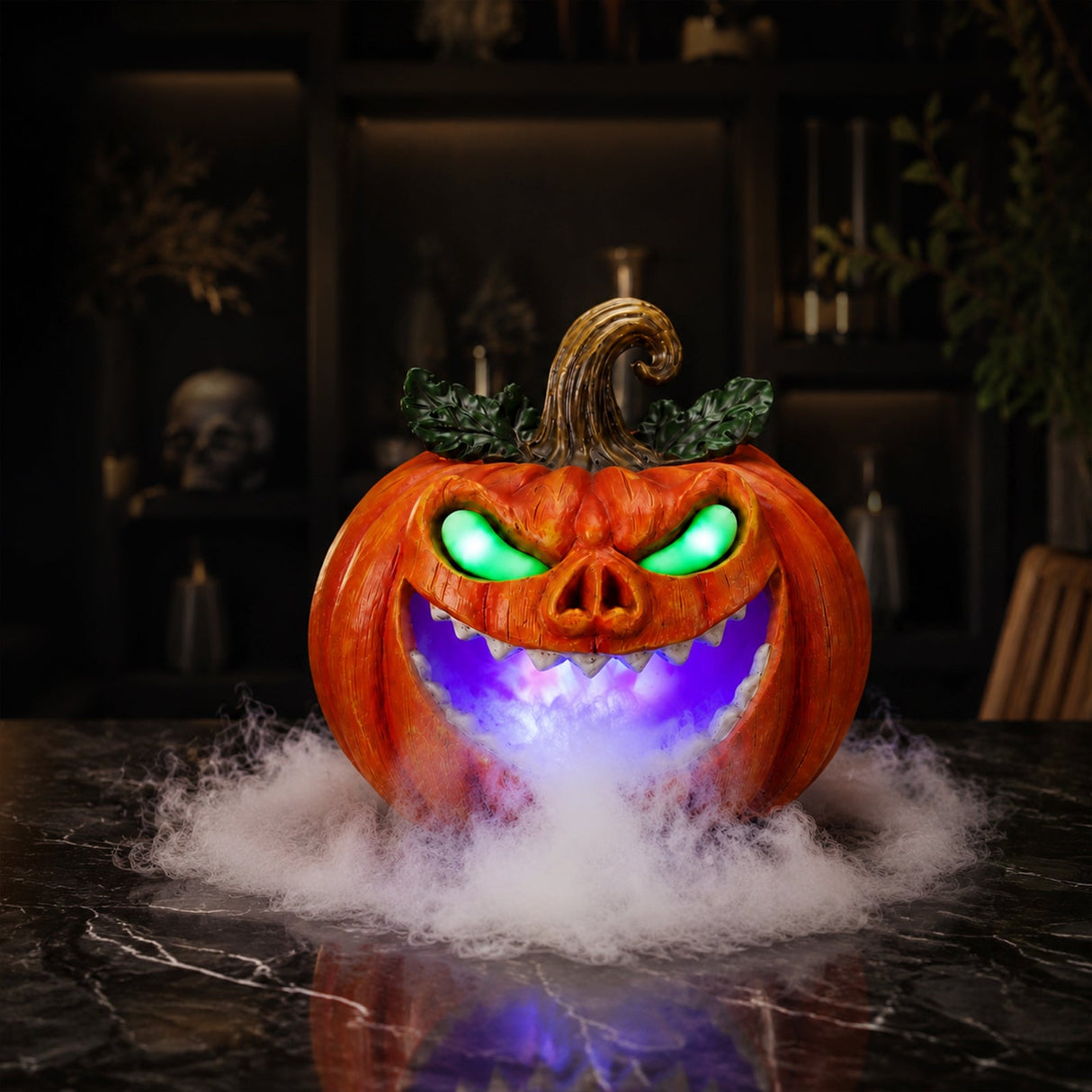 Halloween Pumpkin Monster Mist Sprayer, LED Light Up Fogger Figurine