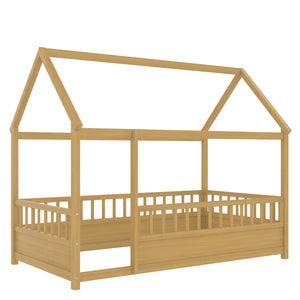 Twin Size Floor Wooden Bed with House Roof Frame