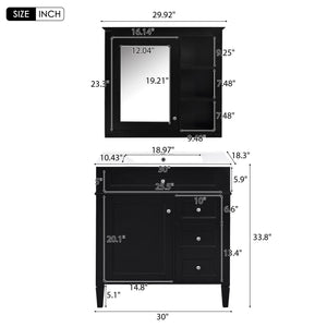 Bathroom Vanity With Top Sink, 2 Doors And 3 Drawers, Freestanding Set With Mirror Cabinet