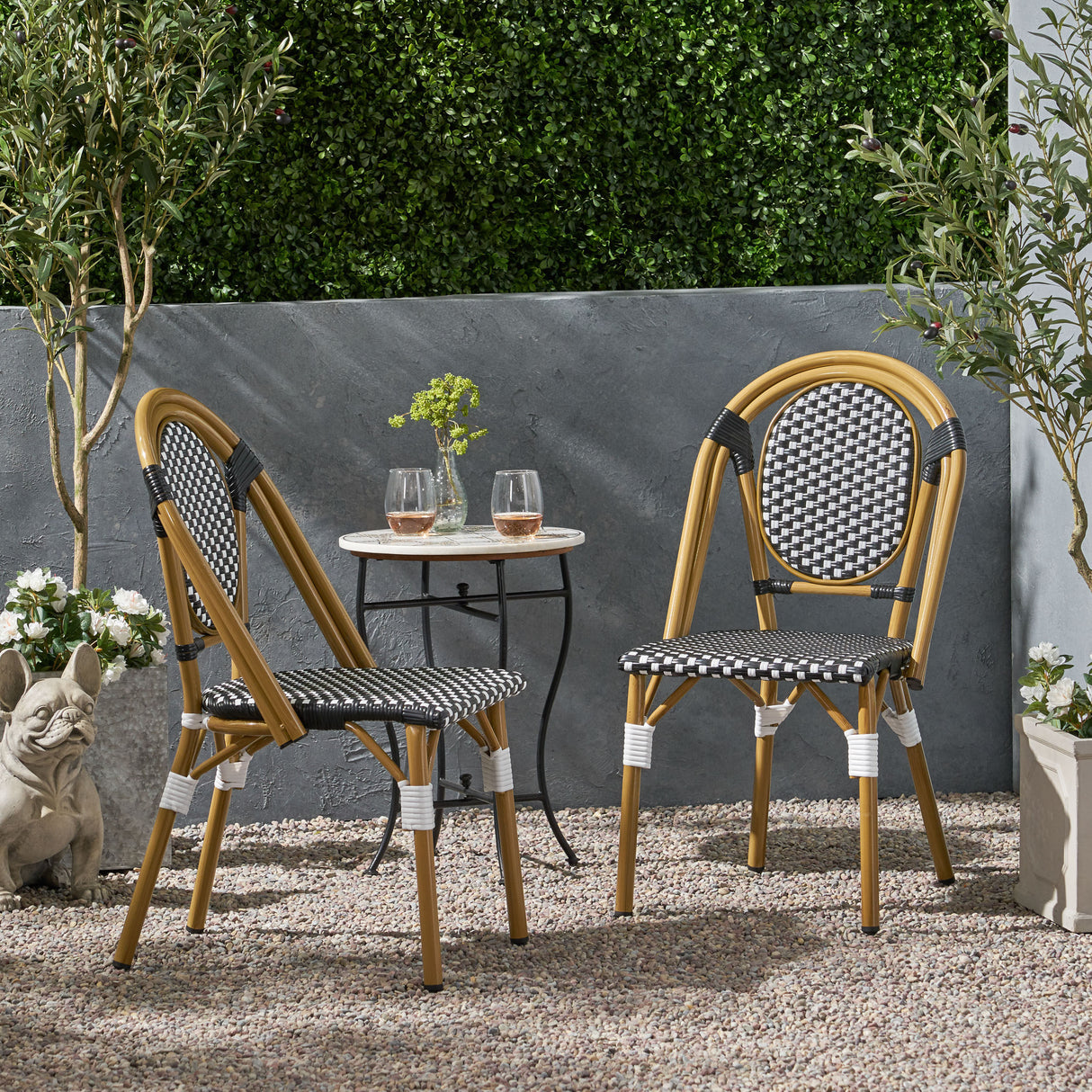 Outdoor pe ratten and aluminum french bistro chair, set of 2, black & white, bamboo print finish