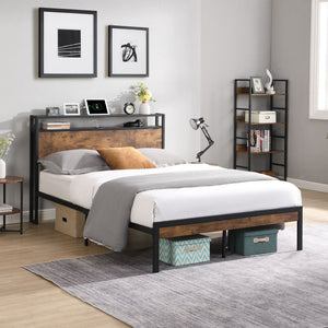 Metal Platform Bed Frame With Wooden Headboard And Footboard With USB Liner, No Box Spring Needed, Under Bed Storage