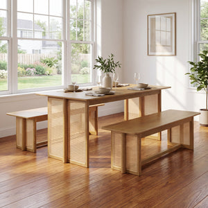 Natural Color Rubber Wood Dining Set with Plastic Rattan