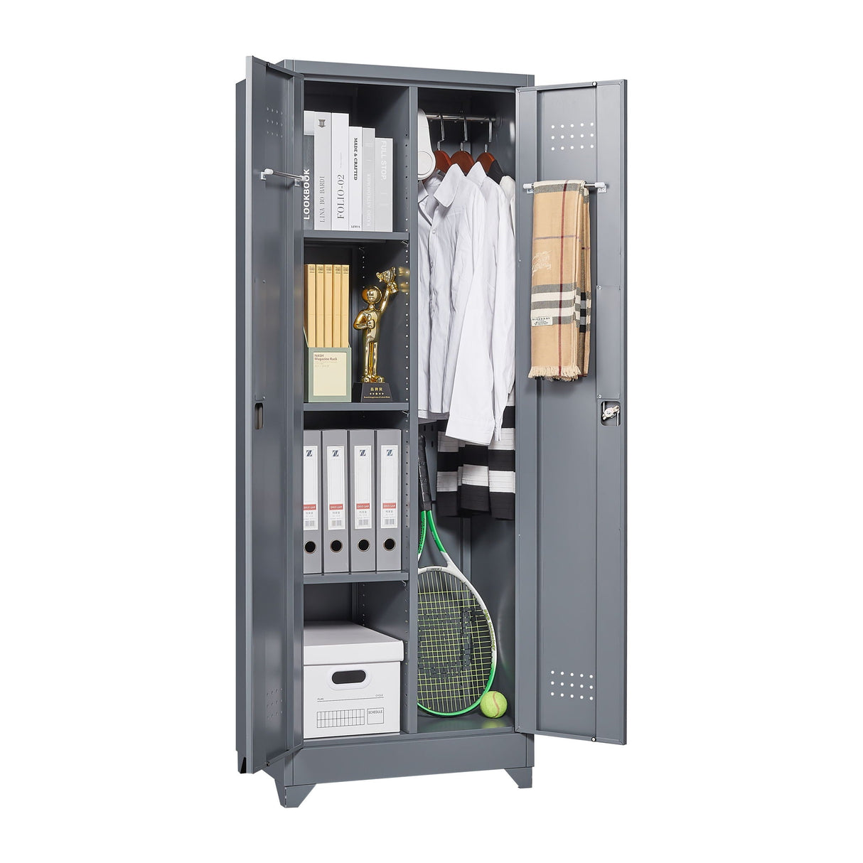 Heavy Duty Storage Cabinet With Locking Doors, Hanging Rod & Shelves, Broom Closet - Gray