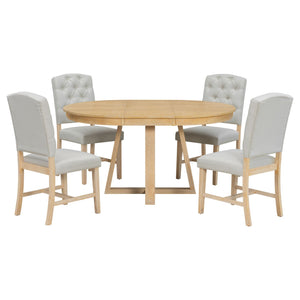 Dining Set With Leaf Round Table And 4 Upholstered Chairs
