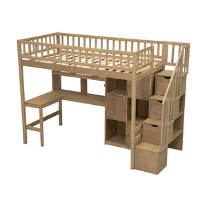 Loft Bed With Built In L Shaped Desk, LED Lights, Storage Shelves, Cabinets, And Staircase